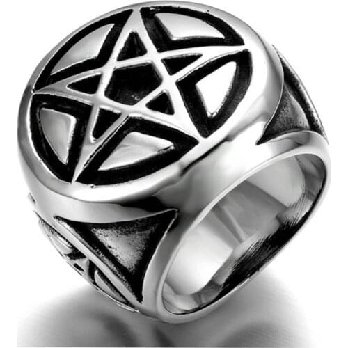 Mens Silver color Pentacle Pentagram Star Stainless Steel Biker Ring