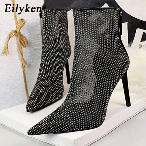 Eilyken Fashion Rhinestones Crystal Pointed Toe Ankle Boots Women Sexy Mesh Breathable Cozy High Heels Female Zipper Party Shoes