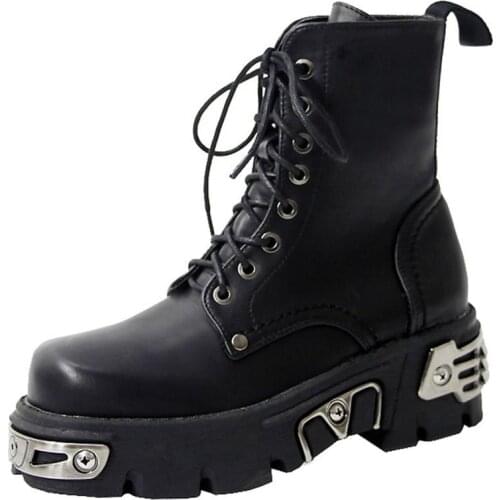 FANAN Womens Martin Ankle Boots Gothic Platform Boots Punk Style Metal Decor Black Chunky Motorcycle Booties Winter Shoes Woman