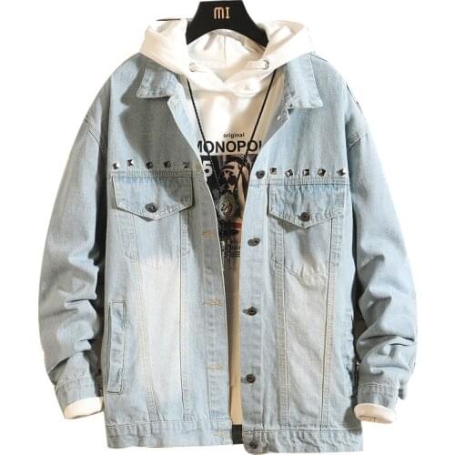Black Light-blue Denim Jacket Printed Rivet Harlan Couple Coat Slim Long-sleeve Fashion Youth Streetwear for Unisex Fall Jacket