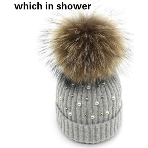 Fashion Pearl Winter Hat For Women Girl Real Raccoon Fur Pompom Skullies Beanie Warm Wool Fur Pom Pom Knitted Hat Cap Bonnet