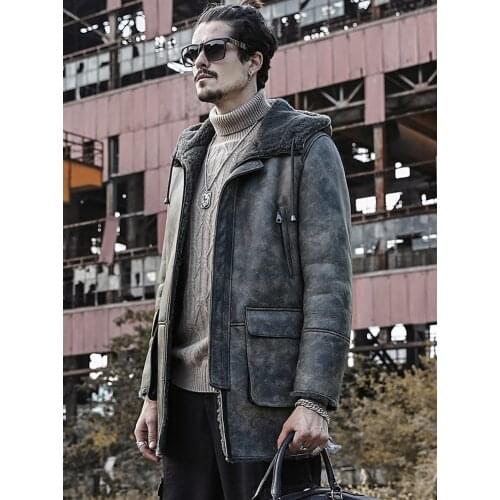 2019 New Mens Gray Sheepskin Shearling Jacket Long Leather Jacket Hooded Fur Coat Fashion Winter Mens Coats Trench Coat
