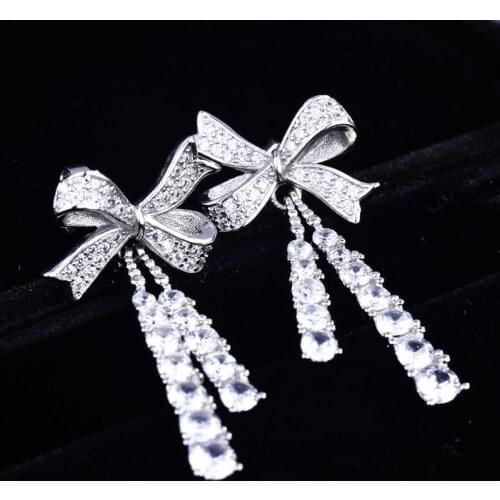 Charm Bowknot Drop Earrings Full Inlay Shiny Zircon Tassels Silver Jewelry For Women Wedding Party Cute Fashion Accessories Gift