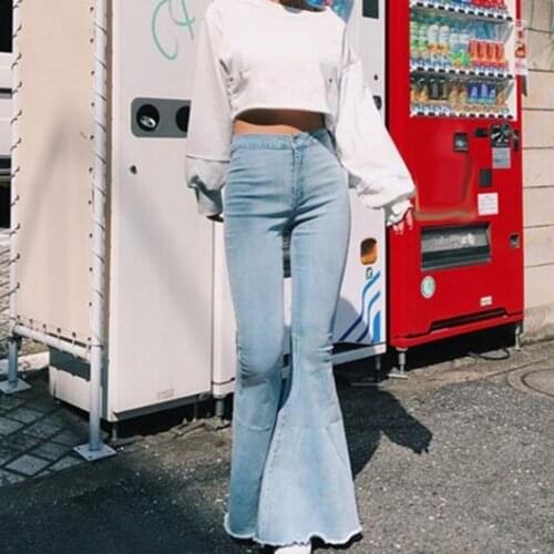 Fashion Women Solid Color Sexy High Waist Slim Bell-bottoms Denim Pants Trousers