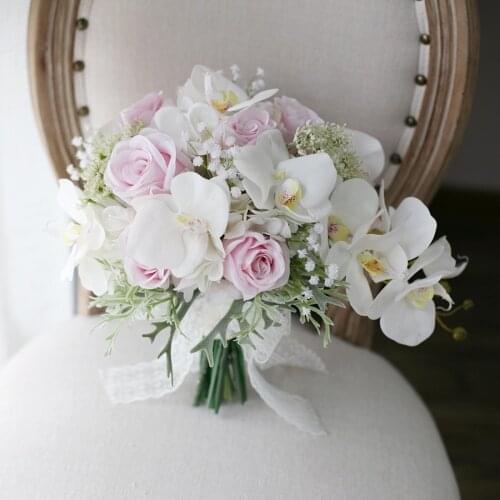 Romantic Ivory Pink Cascading Bridal Bouquets De Mariage Roses Orchid Artificial Silk Flower Wedding Bouquet 2018 ramo de flores