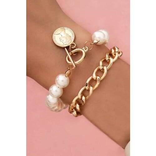 2li Lady Pearl Chain Detail Lady Gold Plated Medallion Bracelets Bangles