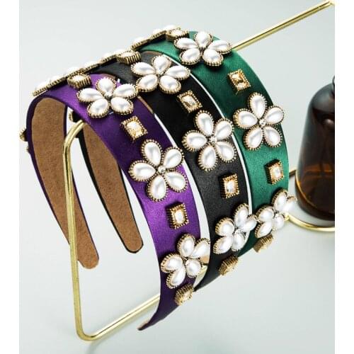 Personality Design Crystal Headbands for Women Boho Vintage Pearl Color Fabric Wide Hair Band Hair Accessories Wedding Jewelry