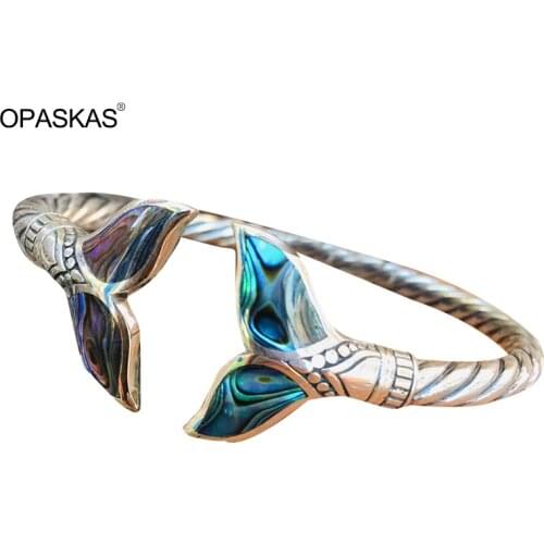 Abalone Shell and Mermaid Tail Bangle Bracelet Adjustable Open Hand Chain for Women Girls VL