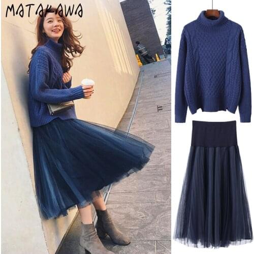 Matakawa Autumn Two Piece Set Women Korean Turtleneck Long Sleeve Loose Sweater+solid High Waist Guaze Skirts Conjunto Feminino