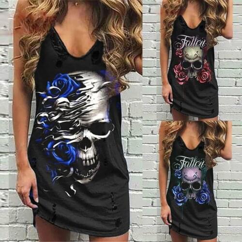Tank Dress Women Sleeveless Summer Fashion Skull and Rose Print V-collar Casual Loose Plus Size Female Multi-colored Dress #1