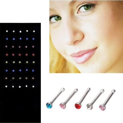 40Pcs/Set Stainless Steel Crystal Nose Ring Set Women Surgical Steel Nose Piercing Set Ear Bone Needle Studs Body Jewelry