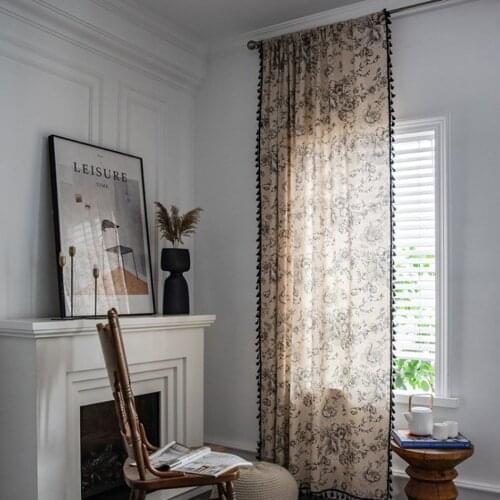 American Rose Flower Printing Tassel Small Window Curtain Cotton And Linen Semi-Shading Bedroom Window Screen Curtain Decoration