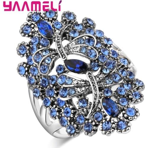 Bohemia 925 Sterling Silver Ring for Women Dragonfly Design Blue Crystal Wedding Party Big Ring Jewelry Wholesale