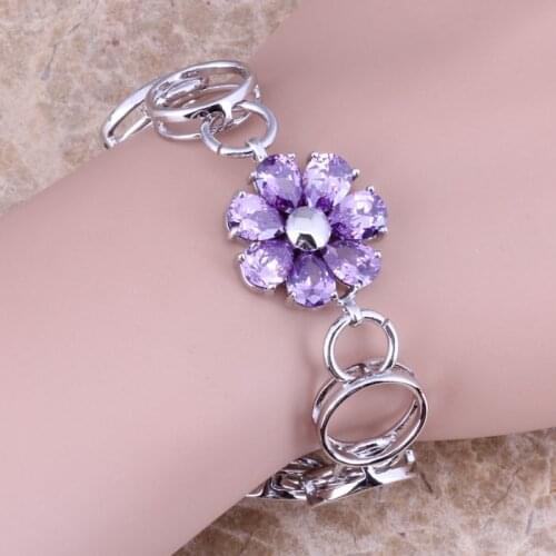 Unique Flower Purple Cubic Zirconia Silver Plated Link Chain Bracelet 7.5 inch Free Gift Bag S0676