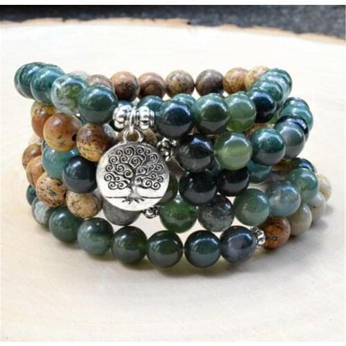 8mm Indian Aagte Picture Stone 108 Beads Handmade Necklace Religious Wristband Tibetan Japa Retro