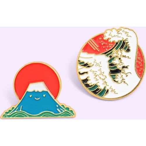 New Cartoon Cute Round Wave Brooch Snow Mountain Japan Mount Fuji Sunrise Badge Landscape Fashion Tide Accessories