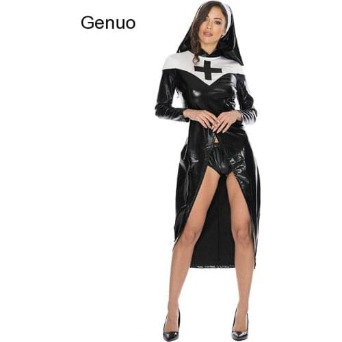 Virgin Mary Costume Cosplay Black Latx Women Leather Nun Halloween Costume for Women Fancy Party Dress with Scarf Outfit