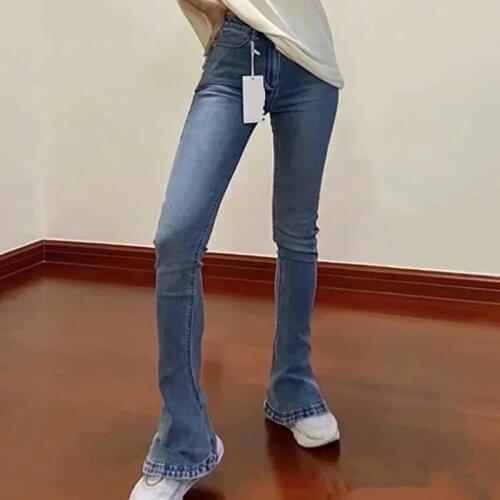 Stretch Skinny Flare Jeans Women Streetwear Slim Bell Bottom Jeans Denim Mopping Trousers Femlae Black/Blue