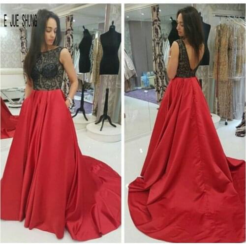 E JUE SHUNG African Evening Dresses Sleeveless Sexy Backless Lace Black and Red A-Line Formal Prom Party Gowns Vestido De Festa