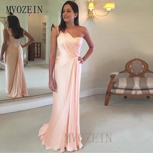 Elegant Blush Evening Dresses Long Chiffon Pleat Mermaid Evening Dress 2020 One-Shoulder Formal Party Gowns robe-de-soiree