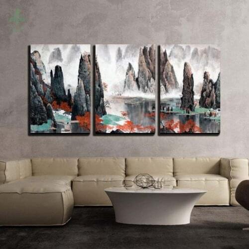 Three Piece Canvas Wall Art Chinese Landscape Misty Mountains And Water Modern Home Decor