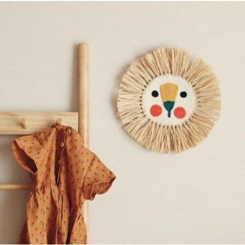 INS Noridc Hand Woven Straw Lion Tiger Wall Hanging Decor Cartoon Animal Ornaments For Baby Bed Kids Room Decoration Photo Props