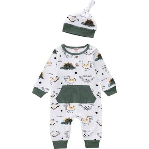 Pudcoco 0-24M 2Pcs Long Sleeve Cartoon Dinosaur Print Fashion Casual Covered Button Jumpsuit Romper+Hat Outfit