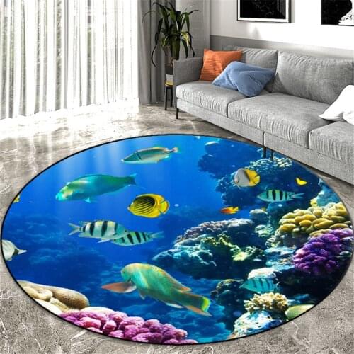 3D Ocean Fish Round Carpet For Kids Boys Baby Play Room Mat Flannel Sponge Kawaii Rug Round Bath Mat Home Decoration Nordic