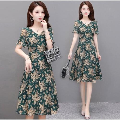 Summer Vestidos Dress Women Chiffon Floral Print Short Lotus Leaf Sleeve V-neck Sukienki Robe Ropa Mujer Plus Size 5429