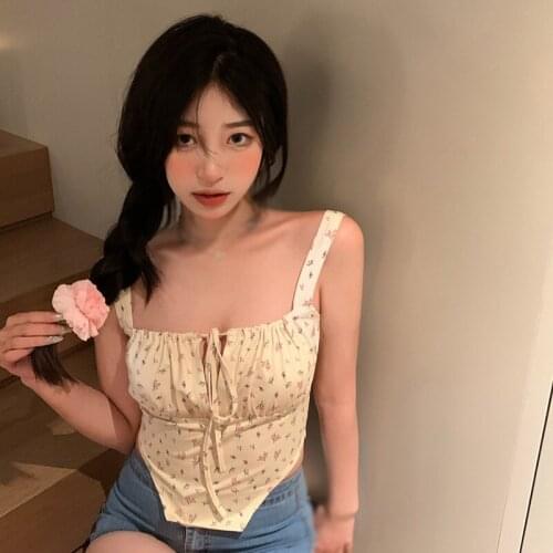 Women Floral Print Tank Tops 2021 Summer Sleeveless Sweet Female Tank Tops Lace-Up Chiffion Camis