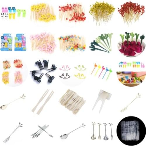 1-100pcs Disposable Bamboo Fork Twisted Party Buffet Fruit Desserts Food Cocktail Sandwich Fork Stick Pick Skewer Cartoon Forks