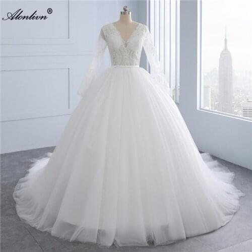 Alonlivn Real Photo Tiered Silky Tulle V-Neck Ball Gown Wedding Dresses Long Sleeves Princess Bridal Skirts Customize Made