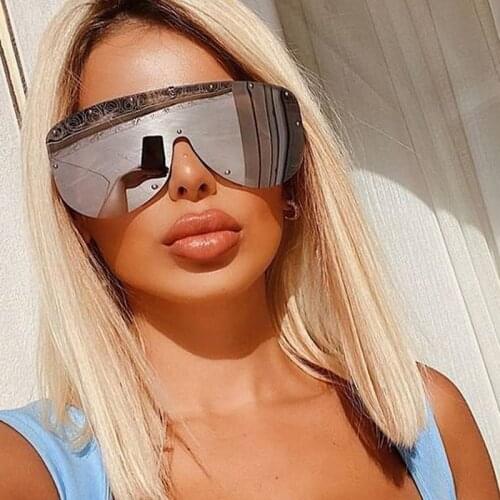 2021 Luxury Brand One Piece Rivet Sunglasses For Women Vintage Alloy Rimless Shield Black Silver Mirror Sun Glasses Men Shades