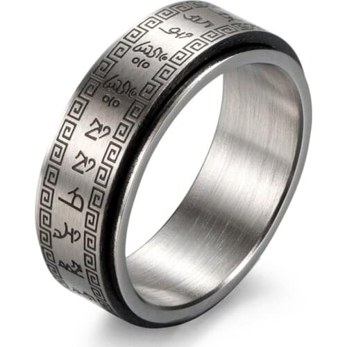 Vintage Tibetan Buddhism Dharoni Heart Mantra Titanium Steel Rotate Ring Buddha Hand Ornaments Rings For Men Women Fidget Toys