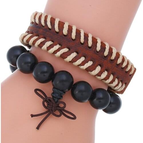 Vintage Retro Black Wood Beads Charm Genuine Leather Bracelet Set Adjustable Woven Bangle Wrap Wristbands Punk Women Men Jewelry