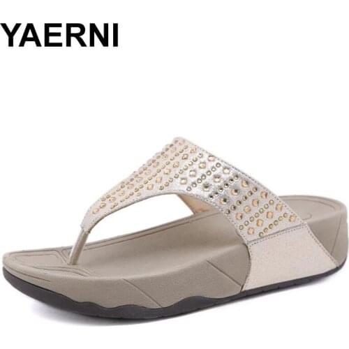 YAERNI Summer 2021 ladies leisure beach rhinestone thick heel slope with flip flops