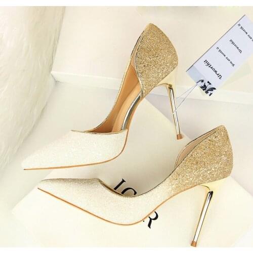 2021 Woman 9cm Glitter High Heels Sequins Scarpins Pumps Female Gold Escarpins Lady Party Wedding Sequins Stiletto Talons Shoes