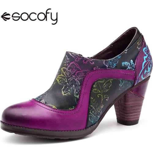 Socofy Retro Genuine Leather Pumps Women Shoes Woman Zipper Vintage Printed Flower Chunky High Heels Pumps Ethnic Dancing Shoes