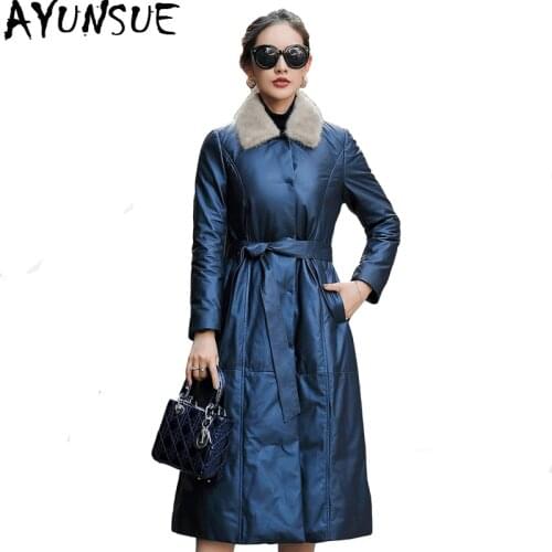 AYUNSUE Real Leather Jacket Winter Coat Women Mink Fur Collar Long Down Jacket Women Genuine Sheepskin Coat Chaqueta Mujer MY