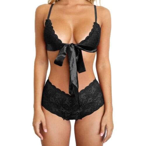 Women Bra Set Solid Color Lace Big Bow Sexy Bra + V-shaped Lace Two-piece Underwear Femme Lingerie Set