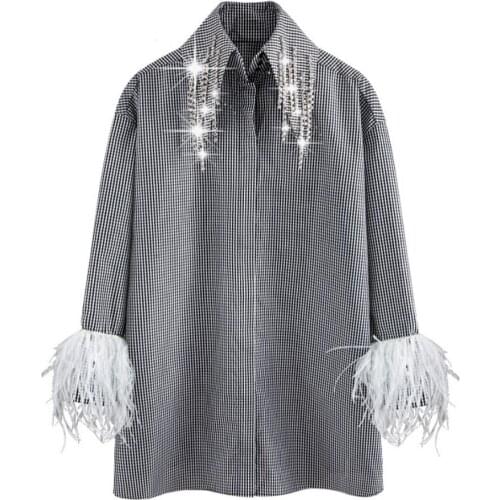 Long Sleeve Blouse Ladies Tops Spring Women Rhinestone Neckline Feather Cuffs Loose-Fit Striped Shirt Lady Elegant