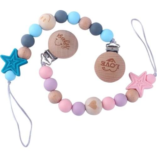 Baby Silicone Pacifier Holder Anti-drop Chain Silicone And Wood Beads Star Cute Infant Pacifier Clips Chains for Baby Boys Girls