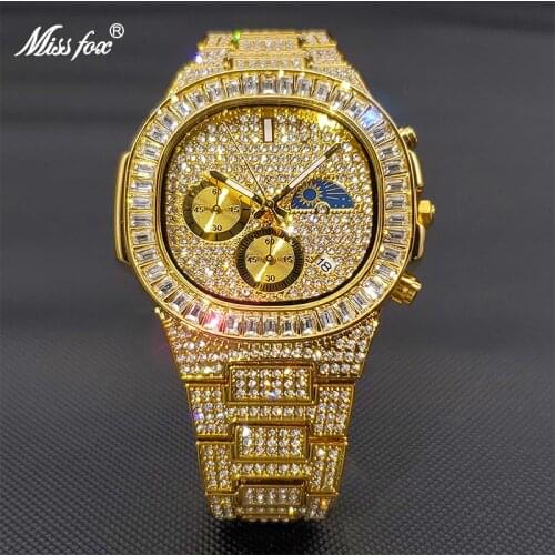 MISSFOX Gold Men Watch Luxury Ice Out Diamond Dial Luminescent Hour Markers Auto Calendar Quartz Watches for Male Dropshipping