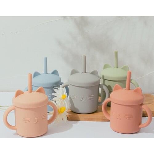 Baby Silicone Cups Baby Learning Drink milk Straw Cup Food Grade Children Non-slip with Handle Feeding bottle 2021 New