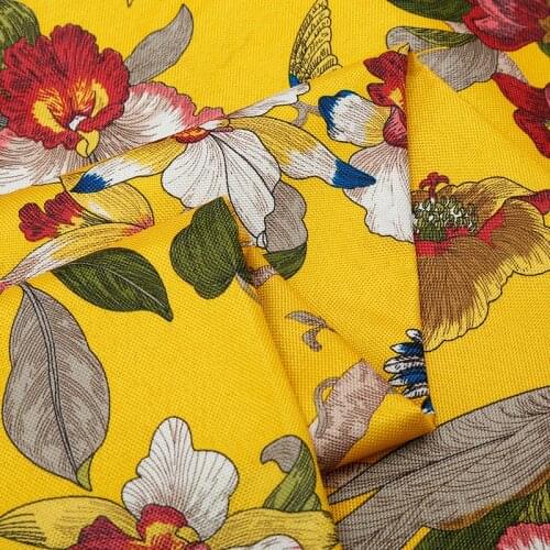 HLQON wholesale American style cotton linen yellow flowers print Fabric For Sofa Home Decrotion DIY Handmade Cushion 148cm width