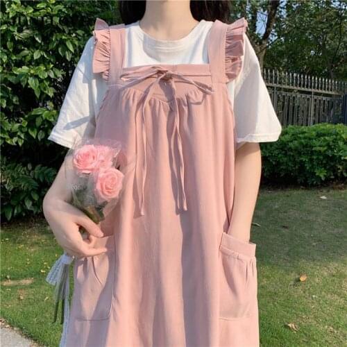 JuneLove Summer Kawaii Suspender Midi Dress Women Ruffle Pretty Japanese Sweet Dress +Short Sleeve T-shirts Sets Sundress 2021