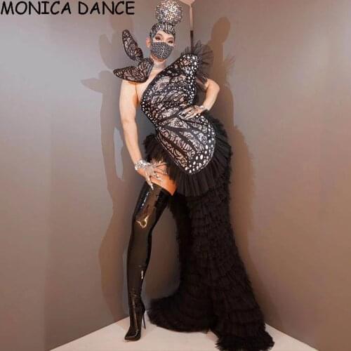 Club Sexy Rhinestone Pearls Butterfly Party Dress Women High Slit Evening Long Dress Removable Mesh Trailing Dress Stage Wear