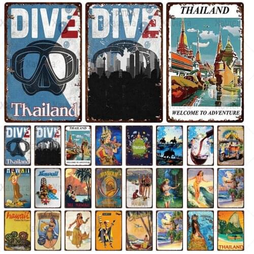 Metal Painting Vintage City Travel Hawaii & Thailand Party Metal Tin Sign Aloha Beach Plate For Wall Pub Cafe Home Art Craft