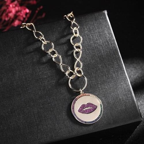 Fashion Punk Lips Round Pendant Necklace For Yong Ladies Birthday Gift High Quality Multicolors Stones Womens Necklaces Jewelry