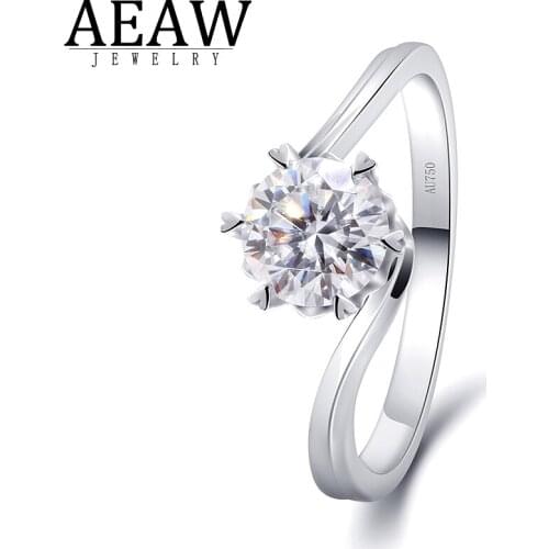 AEAW 18K White Gold 1ct 6.5mm Round Cut DF Color Moissanite Engagement Ring